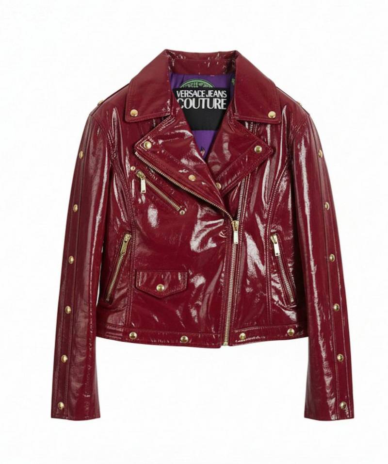 Versace Lederjacke Jeans Couture Leder Bikerjacke Damen Innenfutter mit auffälligem Baroque-Print in Multicolor von Versace