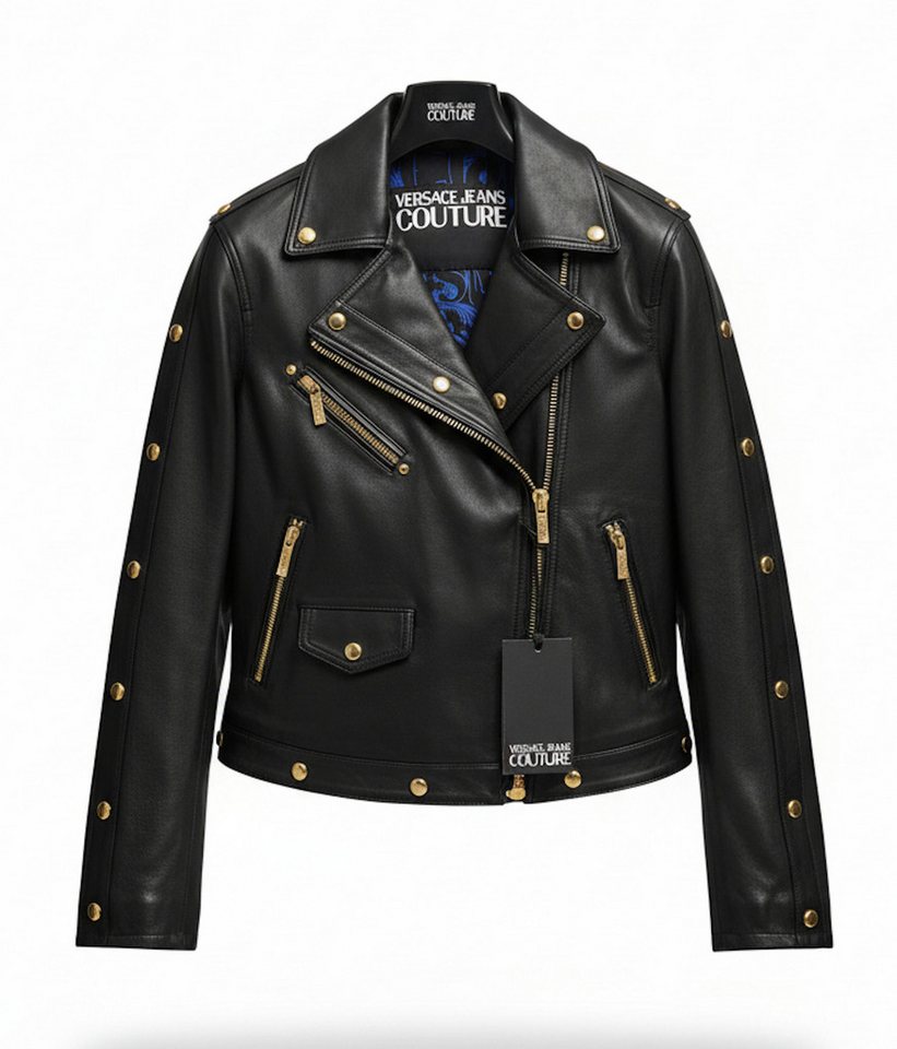 Versace Lederjacke Jeans Couture Leder Bikerjacke Damen Innenfutter mit auffälligem Baroque-Print in Multicolor von Versace