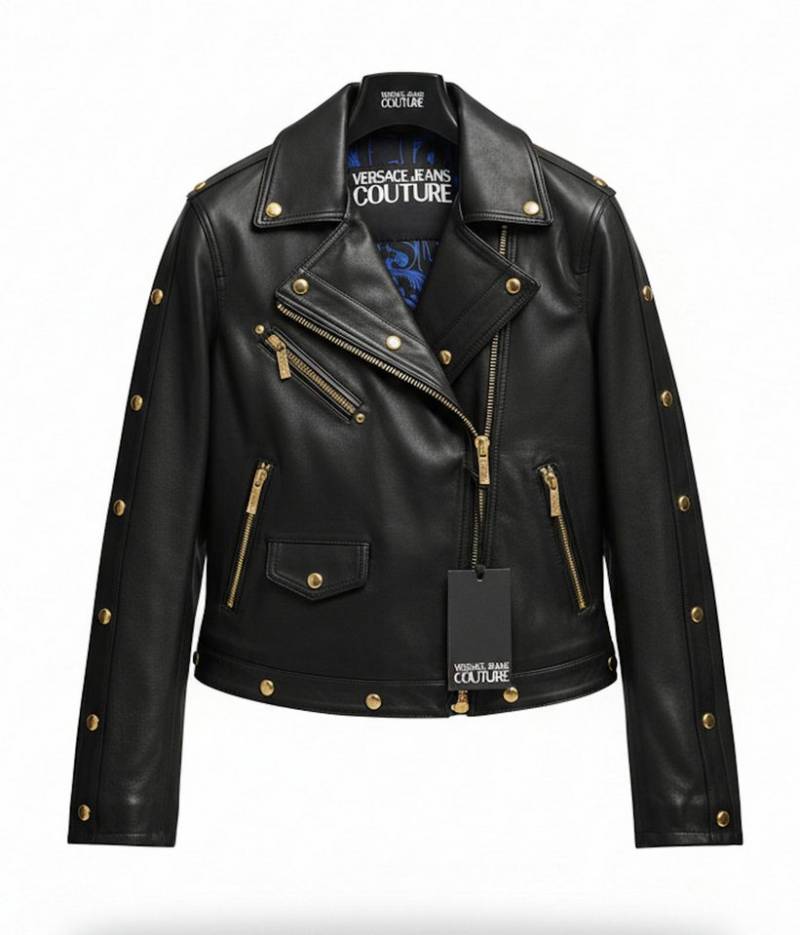 Versace Lederjacke Jeans Couture Leder Bikerjacke Damen Innenfutter mit auffälligem Baroque-Print in Multicolor von Versace