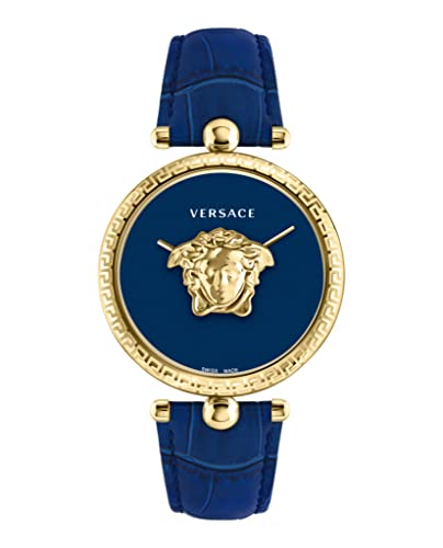 Versace Palazzo Empire Collection Luxus-Damenuhr mit blauem Armband mit goldfarbenem Gehäuse und blauem Zifferblatt, Gold, OS, Palazzo Reich von Versace