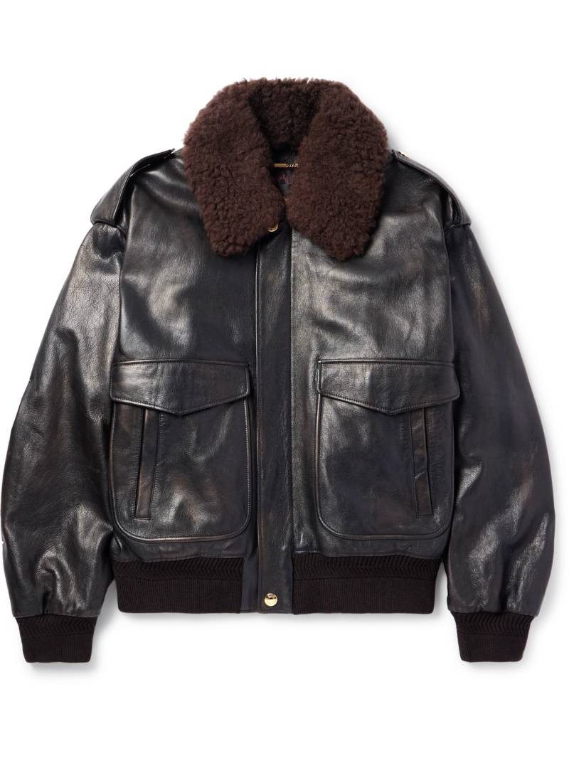 Versace - Shearling-Trimmed Logo-Embossed Leather Jacket - Men - Brown - IT 48 von Versace