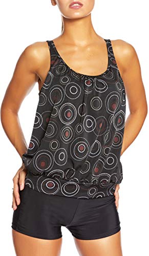 Raffinierte Bademode im Oversize Look oder Sporlich Chic Tankini Styles f5373 Farbe: Tankini Schwarz mit Kreisen, Hotpants Schwarz G(1074)+HP1(sw), Gr. 64 von Versandhandel Henry Musch-Malinowski