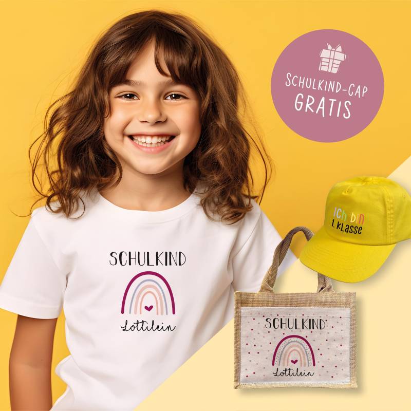 Einschulung Set Schulkind Shirt Mit Name + Jute Tasche Personalisiert Gelbe Kappe Geschenk | Schulanfang Mädchen von VerschenkichDE
