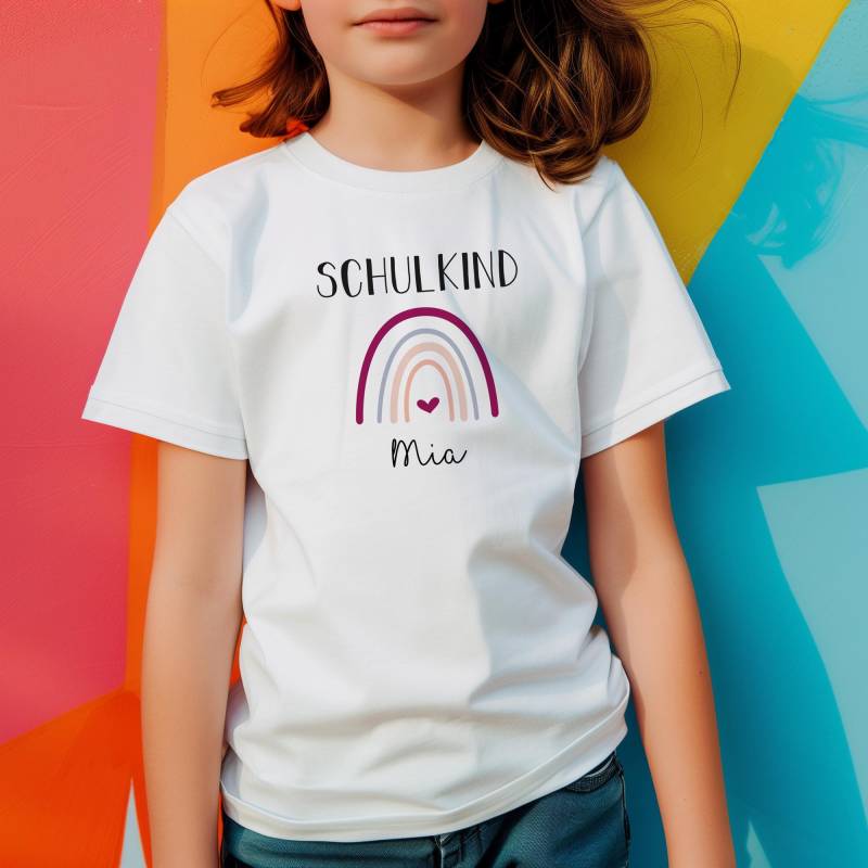 T-Shirt Schulkind Regenbogen Mit Herz Lila - Personalisiert Einschulung Mädchen Bio Shirt Zur Schuleinführung von VerschenkichDE