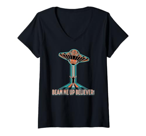 Damen Beam Me Up Gläubiger Fliegende Untertasse Sci-Fi T-Shirt mit V-Ausschnitt von Verschwörung Retro Raumfreunde Enthusiasten