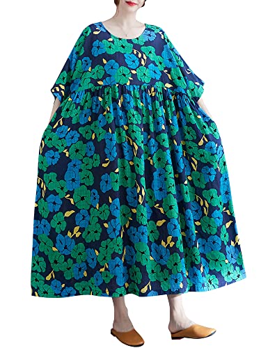 Versear Blumen Maxi Leinenkleid Kurzarm mit Taschen Lose Boho Kaftan Lang Baumwollkleid Maxikleid Oversize Freizeitkleid Casual Sommerkleid Strandkleid Große Größe Urlaubs Blau, Einheitsgröße von Versear