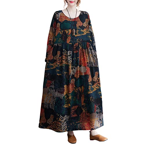 Versear Damen Baumwolle Leinen Boho Kaftan mit Taschen Langarm Vintage Hippie Lose Maxi Leinenkleid Retro Oversize Böhmen Maxikleid Große Größen Casual Langes Baumwollkleid Freizeitkleid Strandkleid von Versear