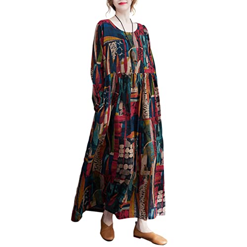 Versear Damen Baumwolle Leinen Boho Kaftan mit Taschen Langarm Vintage Hippie Lose Maxi Leinenkleid Retro Oversize Böhmen Maxikleid Große Größen Casual Langes Baumwollkleid Freizeitkleid Strandkleid von Versear