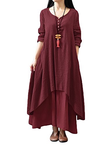 Versear Damen Baumwolle Leinen Einfarbig Maxikleider mit Taschen Voller vorderer Knopf Lose Langarm V-Ausschnitt Lange Leinenkleid Schichten Vintage Mode Freizeitkleid Boho Casual Kaftan Böhmen von Versear