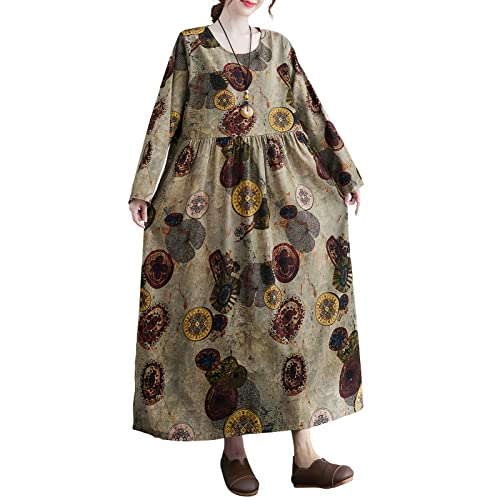 Versear Damen Baumwolle Leinen Langarm Boho Kaftan mit Taschen Vintage Hippie Lose Maxi Leinenkleid Retro Oversize Böhmen Maxikleid Große Größen Casual Langes Baumwollkleid Freizeitkleid Strandkleid von Versear