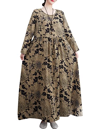 Versear Damen Blumen Casual Langarm Maxikleid Kaftan Herbst Lose Große Größen Baumwolle Boho Freizeitkleid Oversized Strand Plissiertes Urlaubskleid von Versear