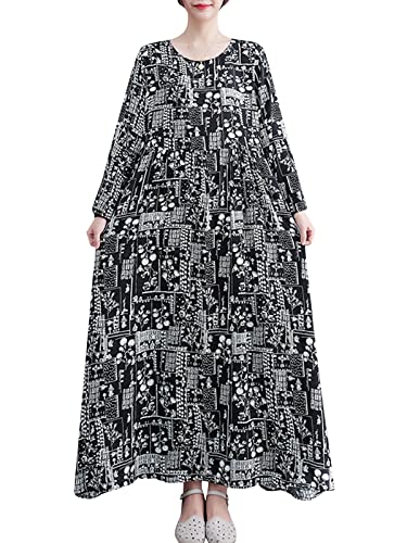 Versear Damen Blumen Casual Langarm Maxikleid Kaftan Herbst Lose Große Größen Baumwolle Boho Freizeitkleid Oversized Strand Plissiertes Urlaubskleid von Versear