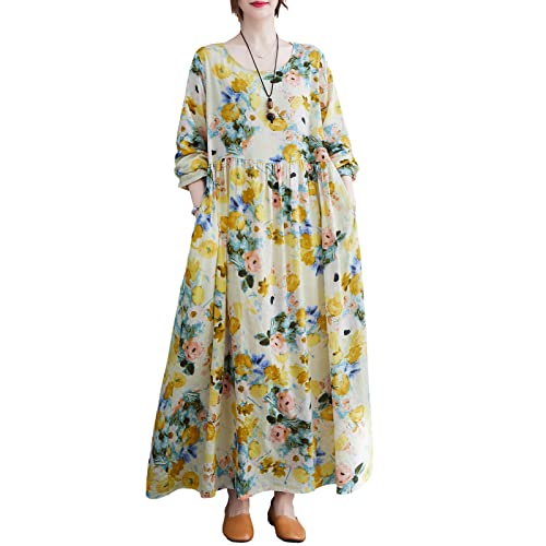 Versear Damen Blumen Rundhals Langarm Maxikleider mit Taschen Floral Kaftan Gewebte Baumwolle Oversize Boho Swing T-Shirt Kleid Lose Vintage Leinenkleider Frühling Herbst Strandkleider Große Größen von Versear