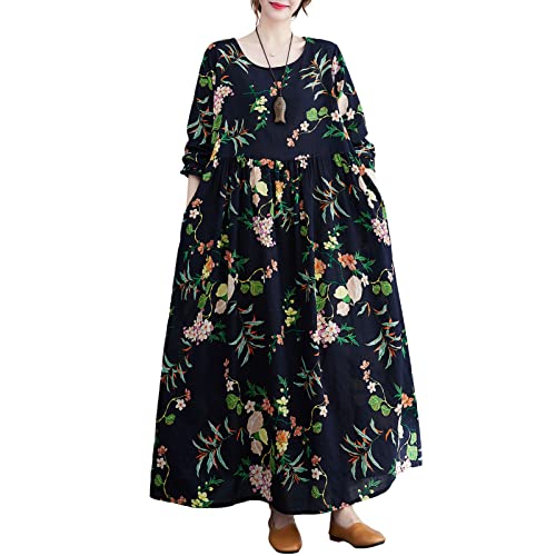 Versear Damen Blumen Rundhals Langarm Maxikleider mit Taschen Floral Kaftan Gewebte Baumwolle Oversize Boho Swing T-Shirt Kleid Lose Vintage Leinenkleider Frühling Herbst Strandkleider Große Größen von Versear