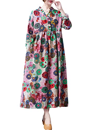 Versear Damen Boho Casual Blumen Maxikleid Freizeitkleid Langarm Falten Rüschen Lose Spleißen Kaftan Herbstkleid mit Taschen von Versear