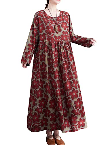 Versear Damen Boho Casual Oversized Maxikleid Kaftan Langarm Herbst Winter Blumen Baumwolle Lose Freizeitkleid mit Taschen von Versear