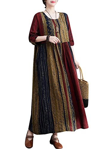 Versear Damen Boho Casual Oversized Maxikleid Kaftan Langarm Herbst Winter Blumen Baumwolle Lose Freizeitkleid mit Taschen von Versear