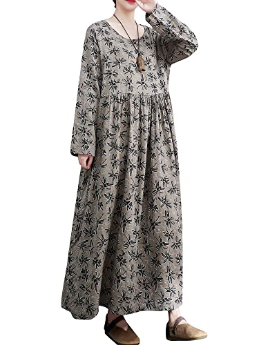 Versear Damen Boho Casual Oversized Maxikleid Kaftan Langarm Herbst Winter Blumen Baumwolle Lose Freizeitkleid mit Taschen von Versear