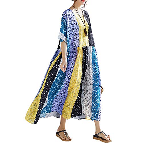 Versear Damen Boho Gestreifte Punkte Kurzarm Lose Maxi Leinenkleid Farbblock Streifen Blumen Große Größe Maxikleid Böhmen Leinen Kaftan Sommer Freizeitkleid Casual Strandurlaub Gelb, Einheitsgröße von Versear