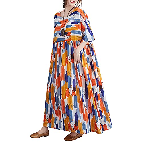 Versear Damen Boho Lose Kaftan Maxikleid Kurzarm Baumwolle Oversize Freizeitkleid Graffiti Strandkleid Cover Up Strandponcho mit Taschen von Versear