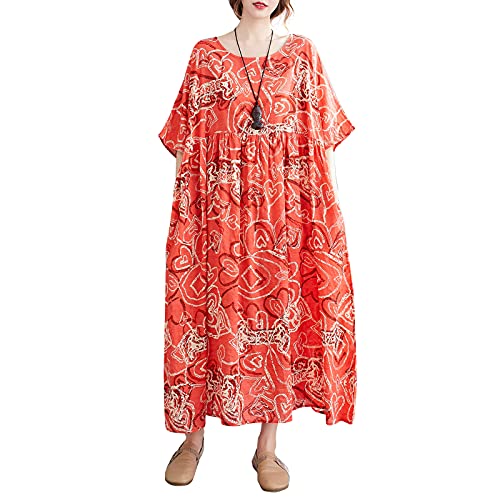 Versear Damen Rundhals Lose Boho Kaftan mit Taschen Kurzarm Große Größen Maxikleid Graffiti Halber Ärmel Lang Freizeitkleid Böhmen Baumwolle Oversize Strandkleid Cover Up Strandponcho von Versear