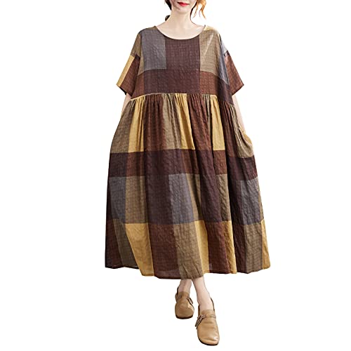 Versear Damen Kariertes Kaftan Boho Lose Maxikleid Rundhals Kurzarm Baumwolle Lang Freizeitkleid Karo Sommerkleid Oversize Strandkleid Coffee, Einheitsgröße von Versear