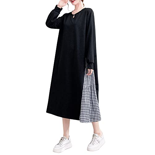 Versear Damen Casual Kariertes Spleißen Maxi Sweatkleid Pulloverkleid Langarm Oversize Lang Baggy Sweatshirt Kleid von Versear