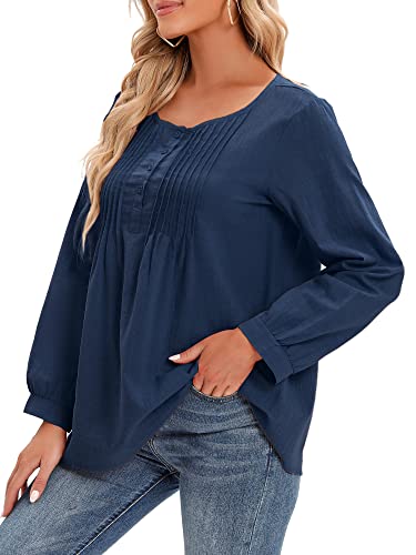 Versear Damen Einfarbig Baumwollbluse O-Ausschnitt Langarm Falten Bluse Knopfleiste Casual Lockere Hemd Solide Hemdbluse Langarmshirt Lose Knöpfe Tuniken Oberteile Tops Atmungsaktiv von Versear