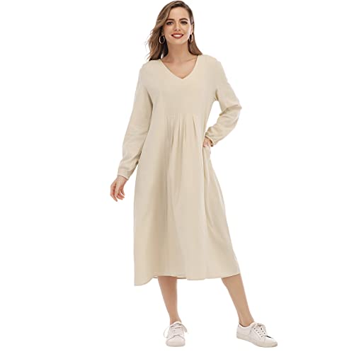 Versear Damen Casual Langarm Elastische Bündchen Midikleid Herbst Lose Freizeitkleid Kaftan Oversized Plissiertes Kleid mit Taschen von Versear