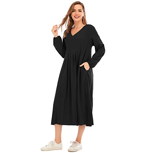 Versear Damen Casual Langarm Elastische Bündchen Midikleid Herbst Lose Freizeitkleid Kaftan Oversized Plissiertes Kleid mit Taschen von Versear