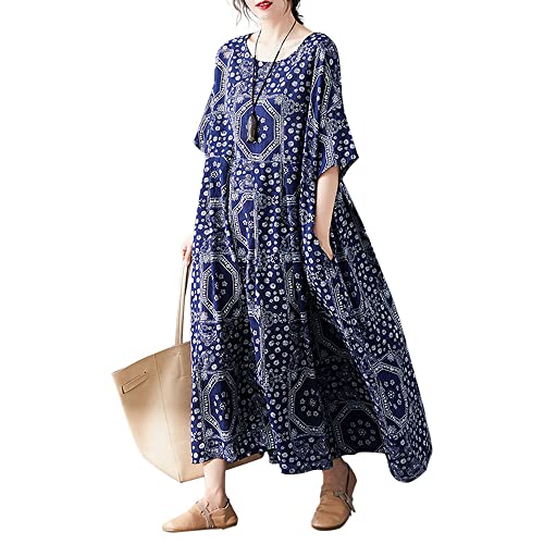 Versear Damen Casual Lose Bunt Streifen Kaftan Kurzarm Sommer Oversize Boho Maxikleid Baggy Langes Freizeitkleid mit Taschen von Versear