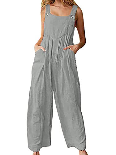 Versear Damen Einfarbig Knöpfen Verstellbare Träger Latzhose Lockerer Baggy Leinen Overall Brusttasche Retro Oversize Loose Jumpsuit Casual Baumwolle Wide Leg Hosen Große Größe Romper Umstandslatzhose von Versear