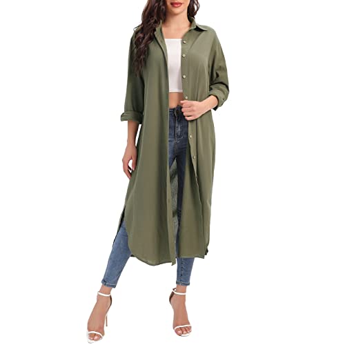 Versear Damen Einfarbig Lange Blusenkleid Geknöpft Maxi Hemd zum Knöpfen Langarm Seitenschlitz Leinen Strandbluse Maxi Hemdkleid Strandkleid Bikini Cover Up Strandponcho Sommer Strandtunika von Versear