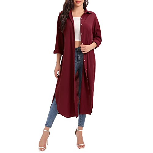 Versear Damen Einfarbig Lange Blusenkleid Geknöpft Maxi Hemd zum Knöpfen Langarm Seitenschlitz Leinen Strandbluse Maxi Hemdkleid Strandkleid Bikini Cover Up Strandponcho Sommer Strandtunika von Versear