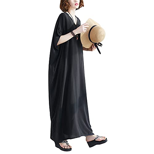 Versear Damen Einfarbig Lose Kaftan Kurzarm Maxikleid V Ausschnitt Boho Sommerkleider Große Größen Freizeitkleid mit Taschen von Versear