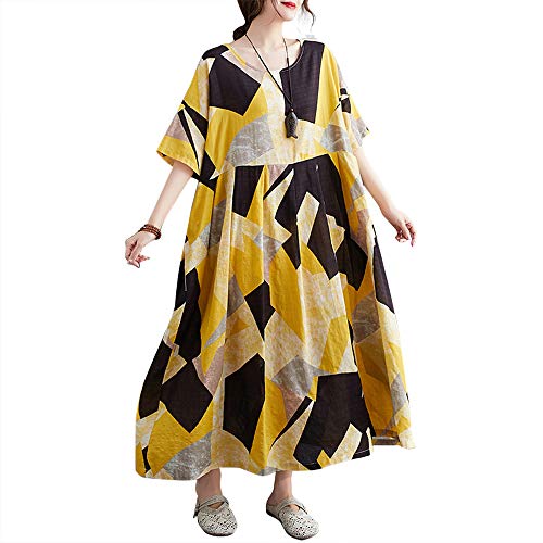 Versear Damen Geometrische Boho Kaftan Maxikleid Baumwolle Kurzarm Farbblock Freizeitkleid Casual Lose Sommerkleid Oversize Swing Maxikleid Strandkleid mit Taschen von Versear