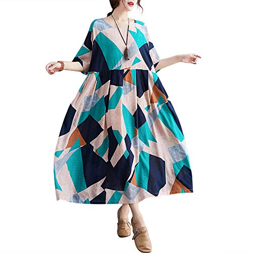 Versear Damen Geometrische Boho Kaftan Maxikleid Baumwolle Kurzarm Farbblock Freizeitkleid Casual Lose Sommerkleid Oversize Swing Maxikleid Strandkleid mit Taschen von Versear