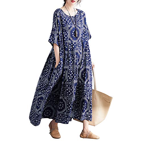 Versear Damen O-Ausschnitt Lose Boho Kaftan mit Taschen Große Größen Kurzarm Maxi Leinenkleid Graffiti Leinen Maxikleid Böhmen Baumwolle Oversize Lang Strandkleid Style Nineteen, Einheitsgröße von Versear