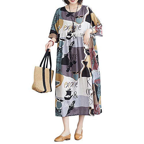 Versear Damen O-Ausschnitt Lose Boho Kaftan mit Taschen Große Größen Kurzarm Maxi Leinenkleid Graffiti Leinen Maxikleid Böhmen Baumwolle Oversize Lang Strandkleid Style Ten, Einheitsgröße von Versear