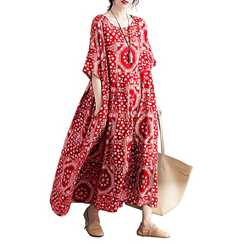 Versear Damen O-Ausschnitt Lose Boho Kaftan mit Taschen Große Größen Halber Ärmel Maxi Leinenkleid Graffiti Leinen Maxikleid Böhmen Baumwolle Oversize Lang Strandkleid Bikini Cover Up Strandponcho von Versear