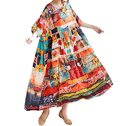 Versear Damen Oranger Druck Große Größen Lose O-Ausschnitt Leinenkleid Halber Ärmel Rundhals Maxikleid Boho Lang Kleid Böhmen Baumwolle Leinen Kaftan Oversize Strandkleid Orange, Einheitsgröße von Versear