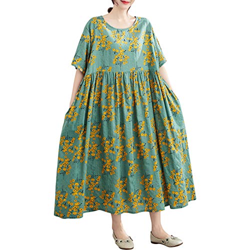 Versear Blumen Boho Kaftan Maxikleid Baumwolle Kurzarm Casual Freizeitkleid Sommer Oversize Strandkleid Lässig Roben mit Taschen Grün, Einheitsgröße von Versear