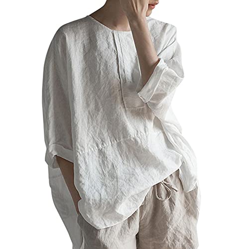 Versear Damen Sommer Baumwolle Leinen Hemd Einfarbig O-Ausschnitt Halbarm Split Hem Casual Oversized Bluse von Versear