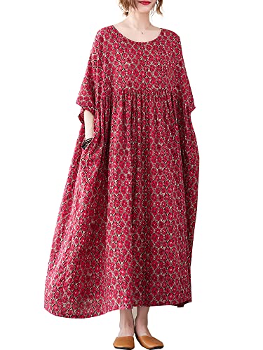 Versear Damen Sommer Boho Lose Kaftan Sewing Maxikleid Blumen Kurarm Urlaubs Freizeitkleid Strandkleid mit Taschen von Versear