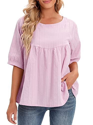 Versear Damen Einfarbig Baumwollbluse O-Ausschnitt halber Ärmel Blumen Bluse Punkte Casual Lockere Hemd Solide Hemdbluse Lose Tuniken Oberteile Tops Atmungsaktiv von Versear