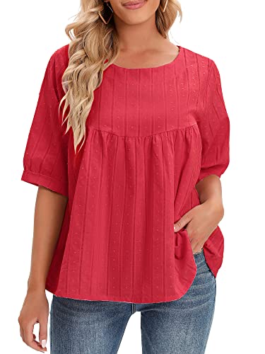 Versear Damen Einfarbig Baumwollbluse O-Ausschnitt halber Ärmel Blumen Bluse Punkte Casual Lockere Hemd Solide Hemdbluse Lose Tuniken Oberteile Tops Atmungsaktiv von Versear