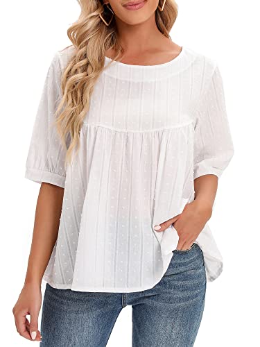 Versear Damen Einfarbig Baumwollbluse O-Ausschnitt halber Ärmel Blumen Bluse Punkte Casual Lockere Hemd Solide Hemdbluse Lose Tuniken Oberteile Tops Atmungsaktiv von Versear