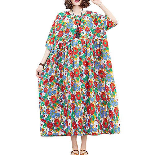 Versear Damen Sommer Retro Boho Floral Maxikleid Kaftan Kurzarm Plissee Casual Lose Swing Blumen Urlaub Strand Freizeitkleid Roben mit Taschen Style Four, Einheitsgröße von Versear