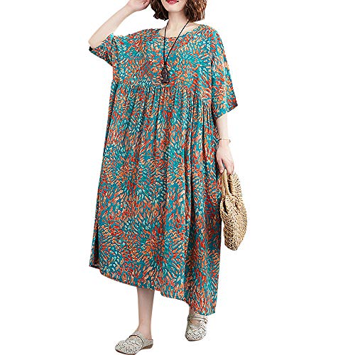 Versear Damen Sommer Retro Boho Floral Maxikleid Kaftan Kurzarm Plissee Casual Lose Swing Blumen Urlaub Strand Freizeitkleid Roben mit Taschen Style Twelve, Einheitsgröße von Versear