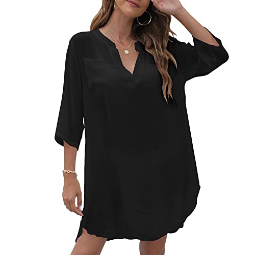 Versear Damen Strandkleid Bikini Cover Up V-Ausschnitt Lose Strandponcho Sommer 3/4 Ärmel Blusenkleid Strandtunika von Versear